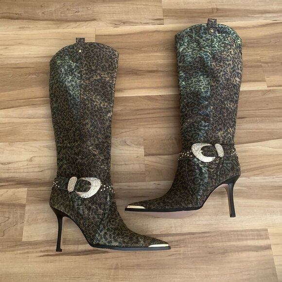 Jessica Simpson Animal Print Fabric Kenzin Tall Boots Size 10M Embellished - Picture 6 of 15